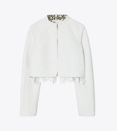 Tory Burch Bomull Tweed Cropped Jacka Dam Vita | MYDVJ-7210
