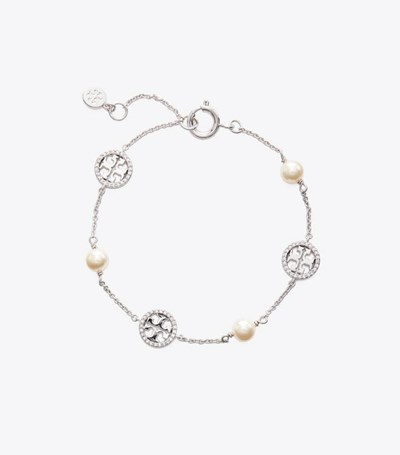 Tory Burch Crystal Pearl Logo Armband Dam Silver | ESPCZ-6819