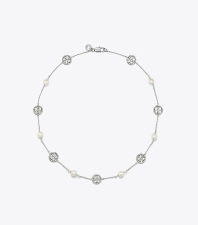 Tory Burch Crystal Pearl Logo Halsband Dam Silver | KWZUN-3562