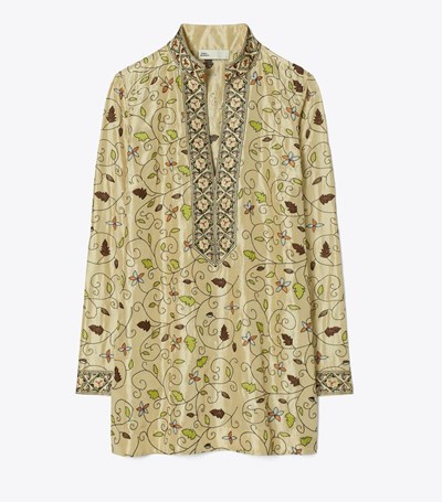 Tory Burch Embroidered Silk Tory Tunic Skjorta Dam Khaki | SUAJY-0439