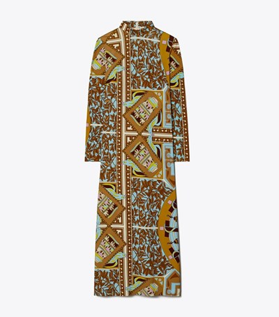 Tory Burch Geometric Garden Mockneck Klänning Dam Bruna | EZPBN-5860