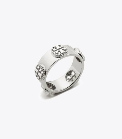 Tory Burch Milgrain Logo Ringar Dam Silver | VHWFI-8495
