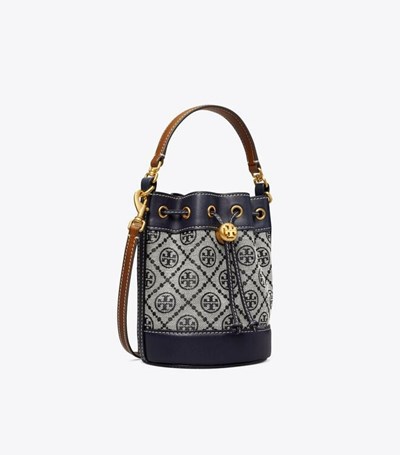Tory Burch Mini T Monogram Bucket Bag Dam Marinblå | JEZGA-8501