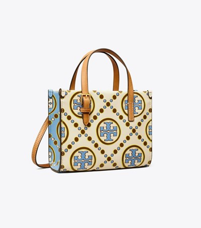 Tory Burch Mini T Monogram Contrast Embossed Square Toteväska Dam Vita Blå | NFZMH-3819