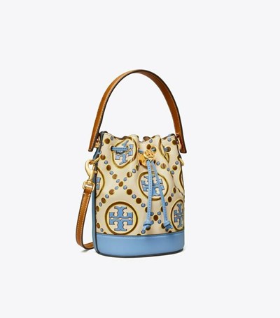 Tory Burch Mini T Monogram Contrast Embossed Bucket Bag Dam Vita Blå | ZLBCI-1795
