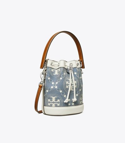 Tory Burch Mini T Monogram Denim Bucket Bag Dam Blå | FSKEB-6385