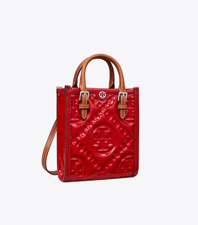 Tory Burch Mini T Monogram Embossed Lack Toteväska Dam Röda | IDCJS-9712