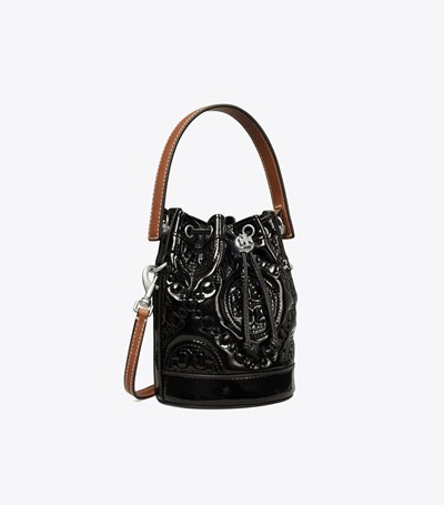 Tory Burch Mini T Monogram Embroidered Lack Bucket Bag Dam Svarta | IEWLZ-5147