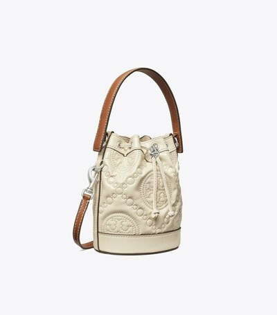 Tory Burch Mini T Monogram Embroidered Lack Bucket Bag Dam Ljusgrädde | LXBGU-7120