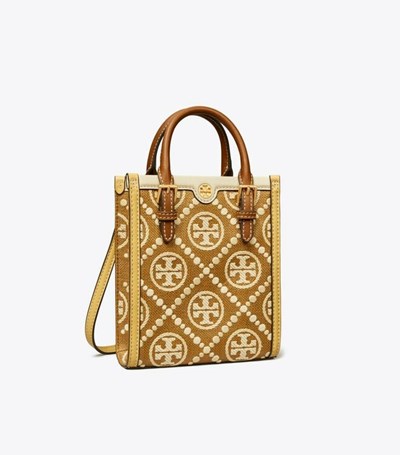 Tory Burch Mini T Monogram Embroidered Raffia Toteväska Dam Koppar | MHIRA-0321