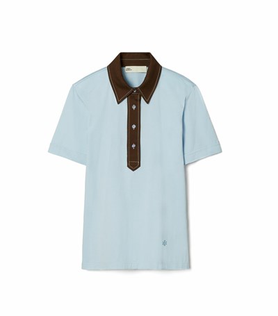 Tory Burch Pick Stitch Contrast Collar Skjorta Dam Ljusblå | RJGSB-9042