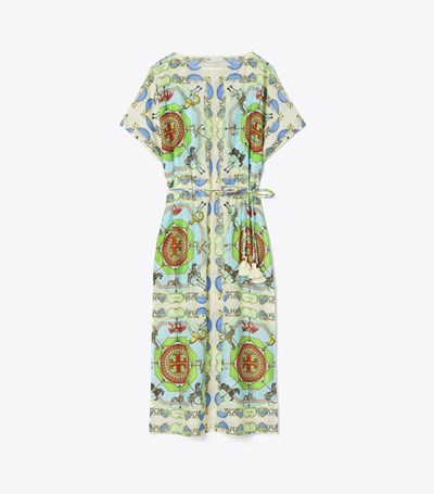 Tory Burch Printed Bomull Silk Caftan Klänning Dam Mintgröna | RDONL-9386
