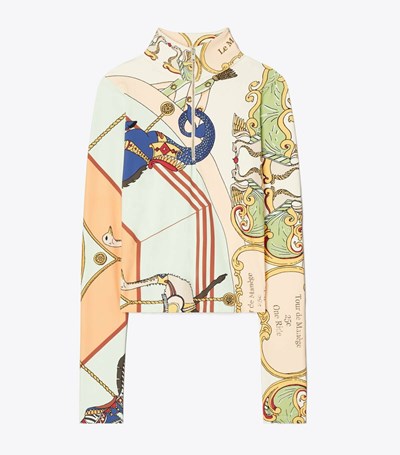 Tory Burch Printed Cropped Half-zip Long-sleeve Blast Dam Grädde | HUZNI-8965