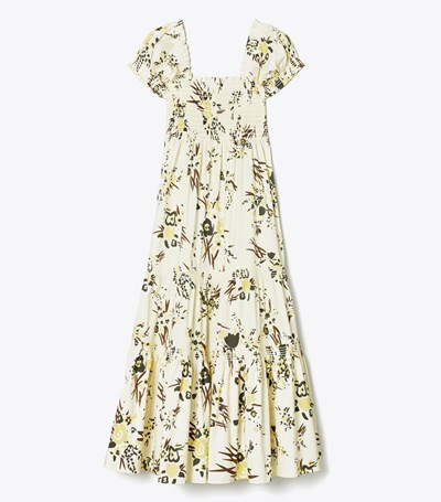 Tory Burch Printed Smocked Klänning Dam Grädde | SGQIU-4168