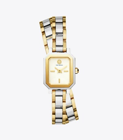 Tory Burch Robinson Mini stainless Steel/ivory, 22 Mm Klocka Dam Silver Guld | QLMVO-3579
