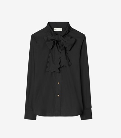 Tory Burch Scalloped Poplin Bow Skjorta Dam Svarta | GTJDU-4309
