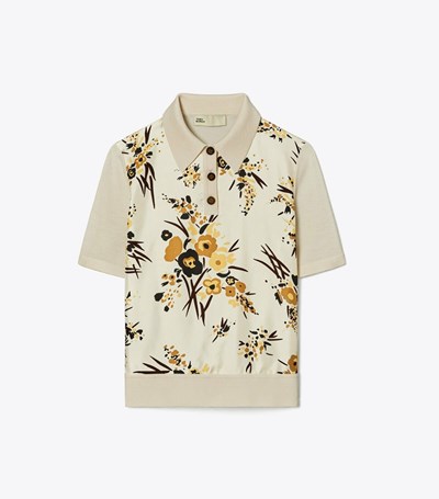 Tory Burch Silk-front Polo Skjorta Dam Grädde | ZSDGY-1045