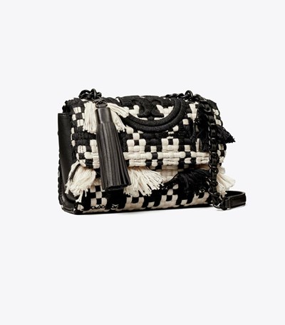 Tory Burch Small Fleming Tweed Convertible Axelväska Dam Svarta Vita | SUVJK-8023