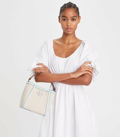 Tory Burch Small Mcgraw Canvas Bucket Bag Dam Beige | VLXHR-8591