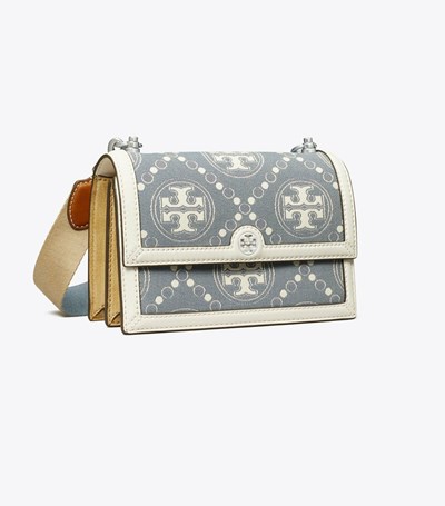 Tory Burch Small T Monogram Denim Axelväska Dam Blå | BCMQI-4021