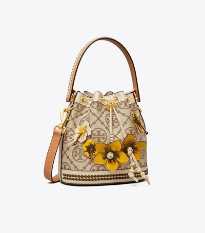 Tory Burch T Monogram Braided Floral Bucket Bag Dam Beige | MKARO-7952