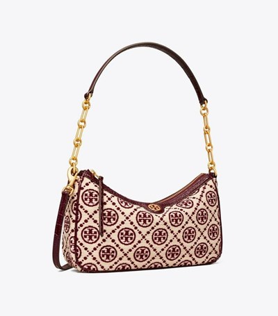 Tory Burch T Monogram Chenille Axelväska Dam Vinröda Grädde | GQZYB-2071