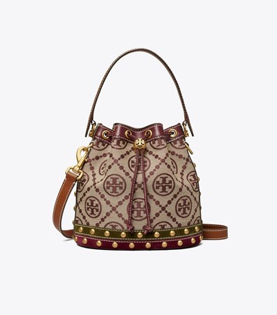 Tory Burch T Monogram Jacquard Studded Bucket Bag Dam Vinröda | NBSUH-7163